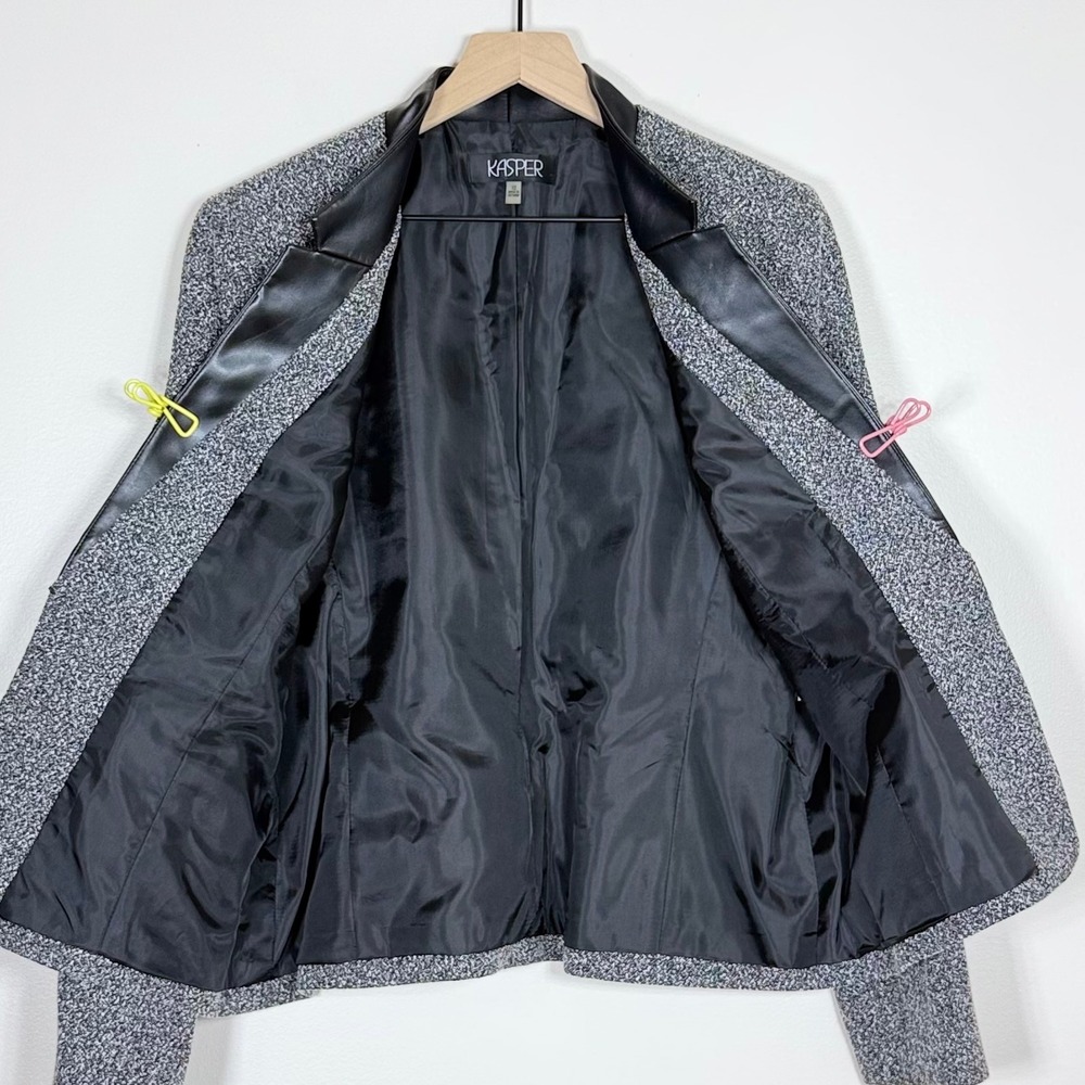 Kasper Womens Blazer Size 12 Gray Tweed Faux Leather Tuxedo Collar Career - Picture 2 of 13